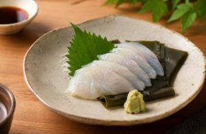 昆布締めにした白身魚の盛り付け