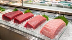 スーパーでまぐろのパックを確認する様子