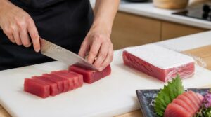 まぐろを切り分けて保存する様子
