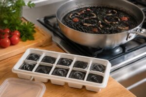 イカ墨を小分けして冷凍保存し加熱料理に使う様子