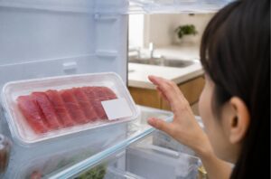消費期限が切れたマグロを冷蔵庫で確認する様子